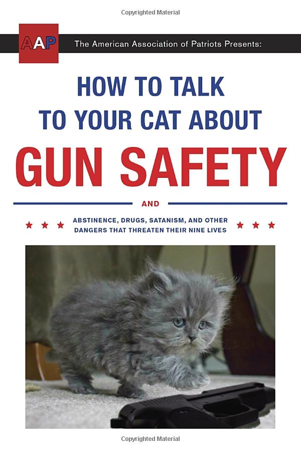 a book cover titled 'How to talk to your cat about gun saftey and abstinence, drugs, satanism, and other dangers that threaten their nine lives. Written by Zachary Auburn'